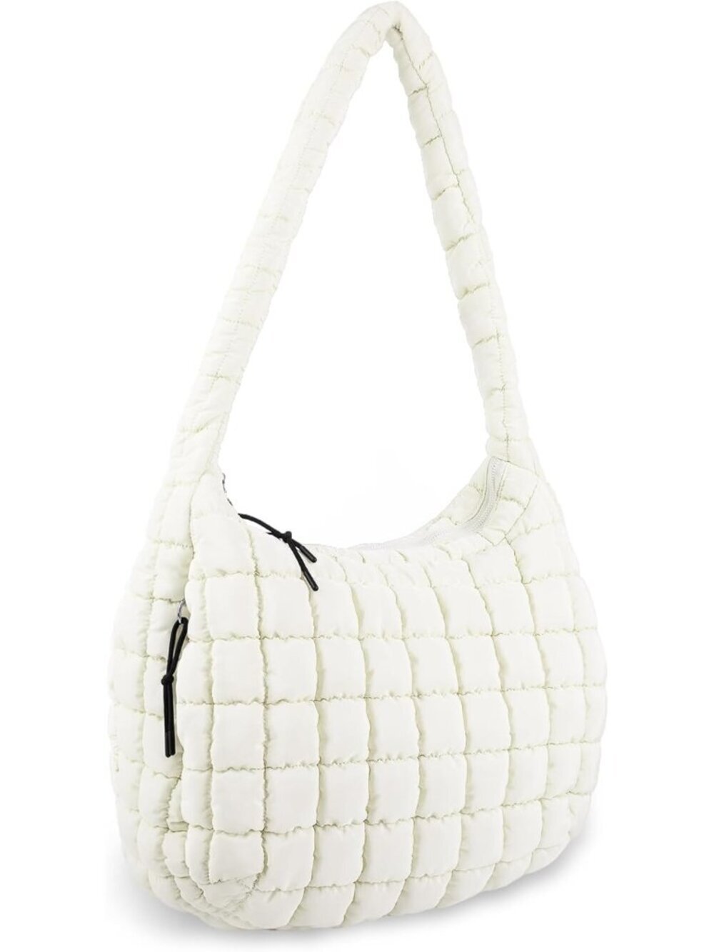 Women's Beige Quilted Puffer Lightweight Zipper Nylon Hobo Shoulder Handbag